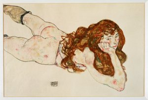 Vrouwelijk naakt liggend op haar buik - Naakt op haar ... (gouache en zwart krijt) door Egon Schiele