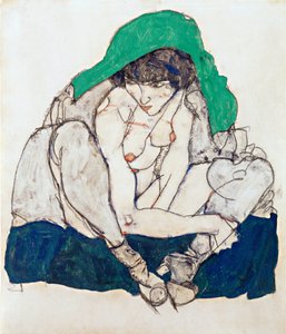 Hurkende vrouw met groene hoofddoek door Egon Schiele