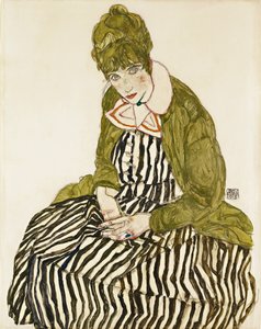Edith Schiele in gestreepte jurk, zittend door Egon Schiele