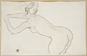 Vrouwelijk naakt knielend en voorover buigend naar links, 1918 door Egon Schiele