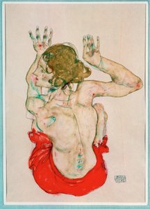 Vrouwelijk naakt zittend op rood gordijn, achteraanzicht (gouache, aquarel en potlood) door Egon Schiele