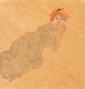Meisje in Olijfkleurige Jurk met Ondersteunde Arm, 1908 door Egon Schiele