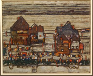 Huizen en kleurrijke wasserij, buitenwijk, ook twee huizenblokken met waslijnen ... door Egon Schiele