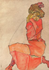 Knielende vrouw in oranje-rode jurk
