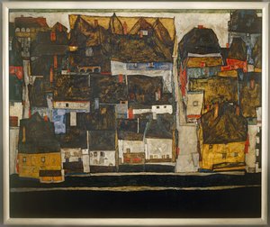Krumlov en de Vltava - Krumlov aan de rivier de Vltava ... (olieverf op doek) door Egon Schiele