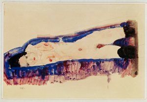 Liggend naakt met zwarte kousen ... (aquarel en potlood) door Egon Schiele