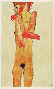 Maedchenakt mit verschraenkten Armen (naakt meisje met ... (aquarel en houtskool) door Egon Schiele
