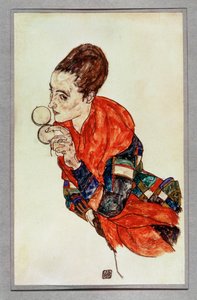 Portret van de actrice Marga Boerner met poederdoos ... (gouache en zwart krijt) door Egon Schiele