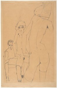 Schiele met naakt model voor de spiegel door Egon Schiele