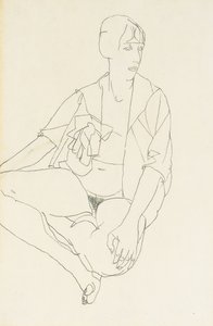 Zittende vrouwelijke naakt met open blouse, 1913 door Egon Schiele