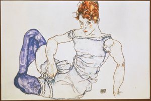 Zittende vrouw in paarse kousen ... (gouache en zwart krijt)