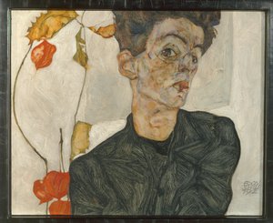 Zelfportret met lantaarnvruchten ... (olieverf en aquarel op doek) door Egon Schiele