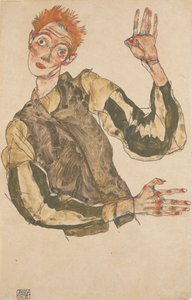 Zelfportret met gestreepte mouwbeschermers door Egon Schiele