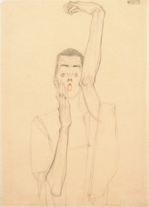Zelfportret met een opgeheven arm en rode mond door Egon Schiele