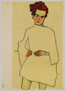 Zelfportret met overhemd (gouache, aquarel en zwart krijt) door Egon Schiele