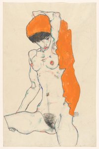 Stehender Akt mit orangefarbenem Tuch (recto): Studie eines Aktes mit erhobenen Armen (verso) door Egon Schiele