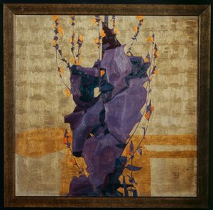 Gestileerde bloem tegen een decoratieve achtergrond ... (brons) door Egon Schiele