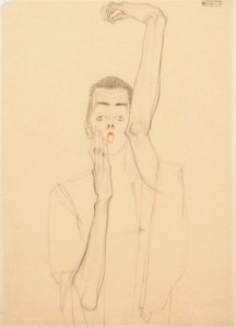 Jonge man met een opgeheven arm en rode mond; Selbstbildnis mit erhobenem linken Arm und rotem Mund, 1909 door Egon Schiele