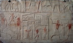 Schikking van voedsel in magazijnen, kalkstenen muurreliëf, uit het Memphitische graf van Horemheb in Saqqara, Egyptische beschaving, Nieuwe Koninkrijk, Dynastie XVIII