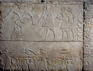 Voedselopslag in pakhuizen, kalkstenen reliëf, uit het Memphitische graf van Horemheb in Saqqara, Egyptische beschaving, Nieuwe Koninkrijk, Dynastie XVIII door Egyptian 18th Dynasty