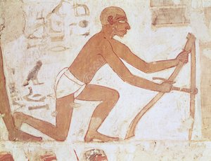 Bouw van een muur, detail van een man met een schoffel, uit het graf van Rekhmire, vizier van Thoetmosis III en Amenhotep II (detail)