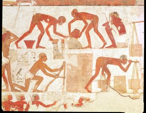 Bouw van een muur, uit het graf van Rekhmire, vizier van Thoetmosis III en Amenhotep II, Nieuwe Koninkrijk door Egyptian 18th Dynasty