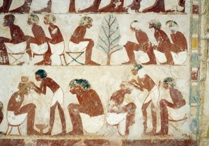 Het knippen van het haar van de soldaten, fresco, zuidmuur, westelijke dwarskamer, Graf van Userhat, leraar en schrijver tijdens het bewind van Amenhotep II, ook bekend als graf TT56, Sheikh Abd el-Qurna, Thebe. Egyptische beschaving, Nieuwe Koninkrijk, Dy door Egyptian 18th Dynasty