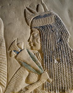 Dejat, detail van het geschilderde bas-reliëf dat Imenmes en Dejat afbeeldt, ouders van Generaal Imeneminet, uit graf in Memphis, Egyptische beschaving, Nieuwe Rijk, 18e Dynastie door Egyptian 18th Dynasty