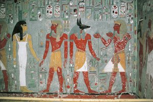 Egypte, Luxor, Vallei der Koningen, graf van Horemheb, muurschildering door Egyptian 18th Dynasty