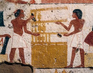 Egypte, Luxor, West-Thebe, Vallei der Edelen. Graf van Nenamon en Ipuki. Fresco die timmerlieden aan het werk toont. (Nieuwe Koninkrijk, Dynastie XVIII) door Egyptian 18th Dynasty