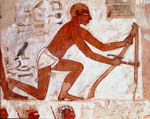 Egyptische kunst: Graf van Rekhmire. Ploeger aan het werk met zijn landbouwgereedschap. Fresco van Luxor (Site van Thebe, Necropolis van Sheikh Abd al-Gournah, linkeroever van de Nijl, Egypte)