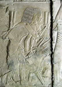 Egyptische oudheid: reliëf uit het graf van Kha em Het (Khaemhat) inspecteur van zolders en schrijver aan het hof van Amenophis III (TT57) mannen die bietenhoofden als offer aanbieden. 18e dynastie. 1530-1290 v.Chr. Vallei der Edelen. Luxor, Westoever, Egy door Egyptian 18th Dynasty