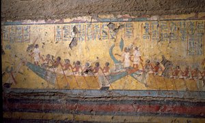 Egyptische oudheid: fresco van het graf van de schilder Maia, pelgrimstocht per boot in Abydos, citaat van Osiris. 18e dynastie. Uit de kapel van Maia, Deir el-Medineh, Nieuwe Rijk door Egyptian 18th Dynasty
