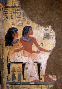 Egyptische oudheid: fresco van het graf van de schilder Maia, de overledene en zijn vrouw zittend aan een banket. 18e dynastie. Uit de kapel van Maia, Deir el-Medineh (el Medineh), Nieuwe Rijk Dim. 67 cm Turijn, Egyptisch Museum door Egyptian 18th Dynasty