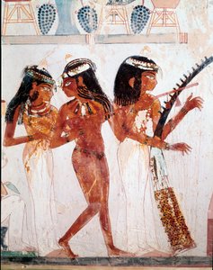 Egyptische oudheid: muzikanten. Graf van Nakht. 18e dynastie. 1410 v.Chr. Necropolis van Gournah, Egypte door Egyptian 18th Dynasty
