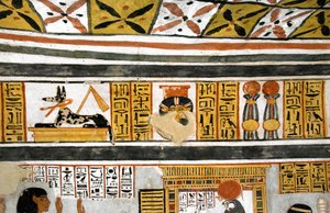 Egyptische oudheid: voorstelling van Anubis, Hathor en hiërogliefen door Egyptian 18th Dynasty