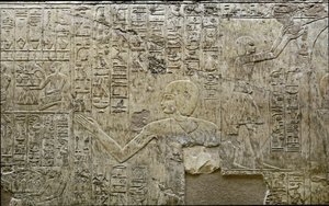 Egyptische antiquiteit: representatie van dragers van offers. Laag reliëf van het graf van de vizier Ramose (18e dynastie). Luxor, Thebe, Vallei der Edelen Egypte