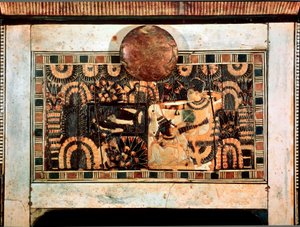 Egyptische antiquiteit: kleine houten doos met ivoren inlegwerk die de jachtpartijen van farao Toetanchamon voorstelt. 18e dynastie. Uit het graf van Toetanchamon (All-Ankh-amun of Toetanchamon) (1345-1327 v.Chr.) Vallei der Koningen. Thebe Caïro, Egyptisc door Egyptian 18th Dynasty