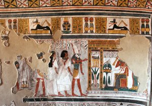 Egyptische oudheid: Horus leidt Roy en zijn vrouw naar Osiris. Fragmenten van fresco uit het graf van Roy (TT255). 18e dynastie. Van de Westelijke Oever van Luxor, Egypte door Egyptian 18th Dynasty