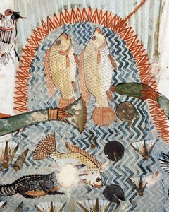 Vis, detail van de jacht- en visscène in de moerassen, fresco door Egyptian 18th Dynasty