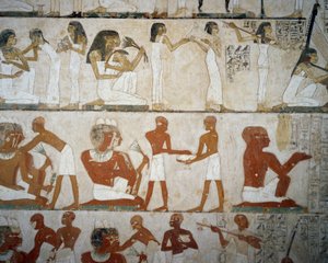 Begrafenisfeest met vrouwelijke muzikanten, dames die zich met sieraden tooien, mannen en muzikanten door Egyptian 18th Dynasty