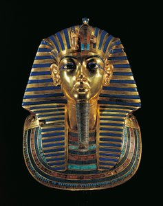 Gouden begrafenismasker van Toetanchamon ingelegd met lapis lazuli, obsidiaan en turkoois