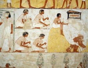 Oogsten van gewassen, dorsen en wannen van graan (detail) door Egyptian 18th Dynasty