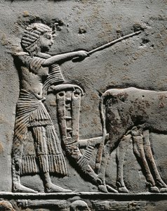 Horemheb ploegt land in de Velden van Iaru, reliëf uit het graf van Horemheb in Saqqara (detail) door Egyptian 18th Dynasty