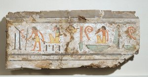 Inscriptie in bijzonder duidelijke hiërogliefen: een man met zijn wandelstok, een god met baard die gehurkt zit, een man met zijn hand aan de mond ... door Egyptian 18th Dynasty