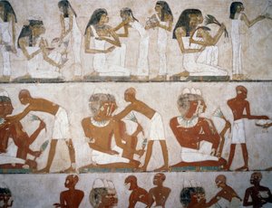 Mannen en vrouwen die sieraden aandoen (detail) door Egyptian 18th Dynasty