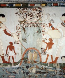 Menna en zijn familie vissen en jagen in de moerassen van de Nijl, detail van fresco