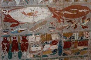 Geschilderd bas-reliëf, Dodentempel van Koningin Hatsjepsoet, Djeser-Djeseru (Heilige der Heiligen), Deir el-Bahri, Luxor, Thebe (UNESCO Werelderfgoedlijst)