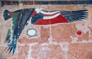 Geschilderd reliëf dat een gier van Opper-Egypte afbeeldt, Dodentempel van Hatsjepsoet, Deir el-Bahari, Luxor, Thebe door Egyptian 18th Dynasty