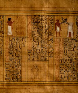 Gedeelte van het Dodenboek met tekst in verticale kolommen van hiërogliefen en inzetstukken met polychrome illustraties, papyrus, 34cm x 14cm, uit het graf van Kha in Deir el-Medina, Egyptische beschaving, Nieuwe Koninkrijk, Dynastie XVIII door Egyptian 18th Dynasty